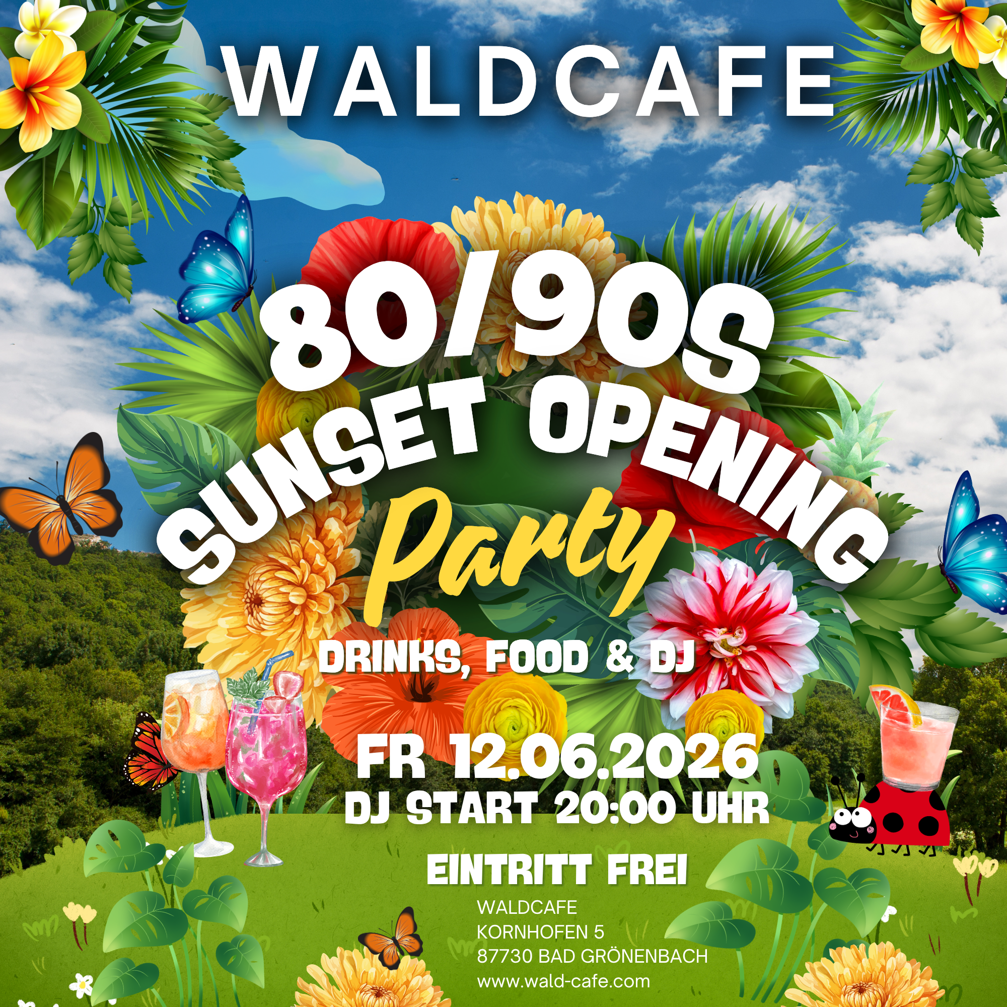 Flyer für Sunset Opening Party im Waldcafe am 12.06.2026